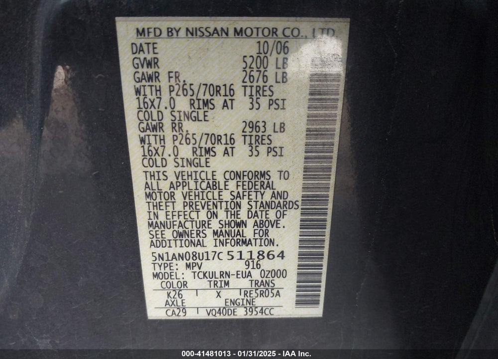 2007 NISSAN XTERRA S VIN: 5N1AN08U17C511864
