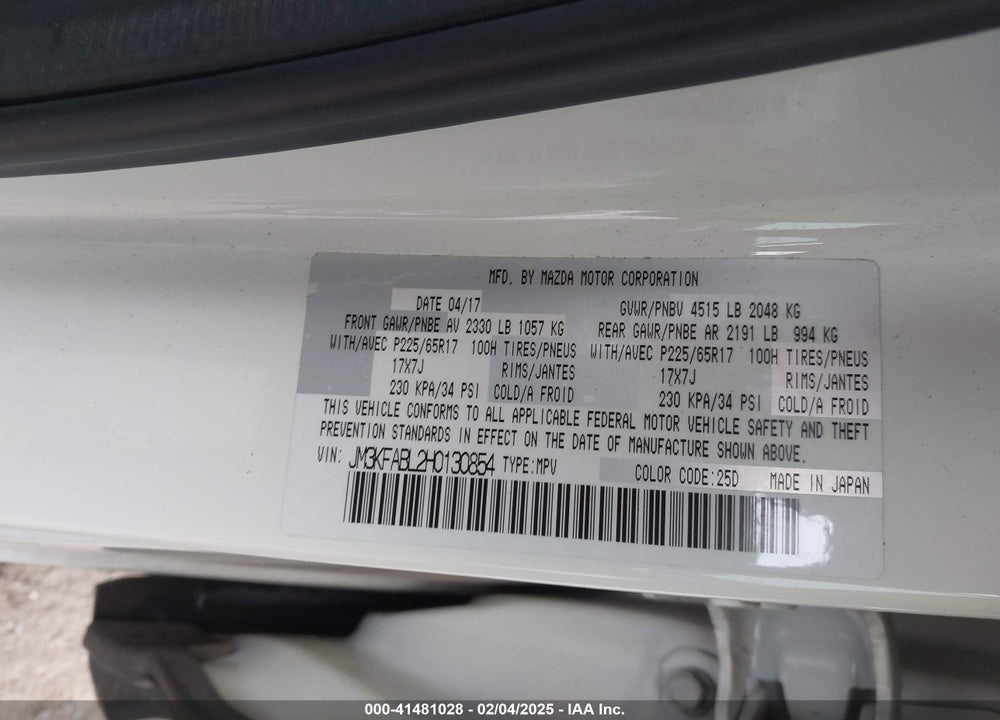 2017 MAZDA CX-5 VIN: JM3KFABL2H0130854