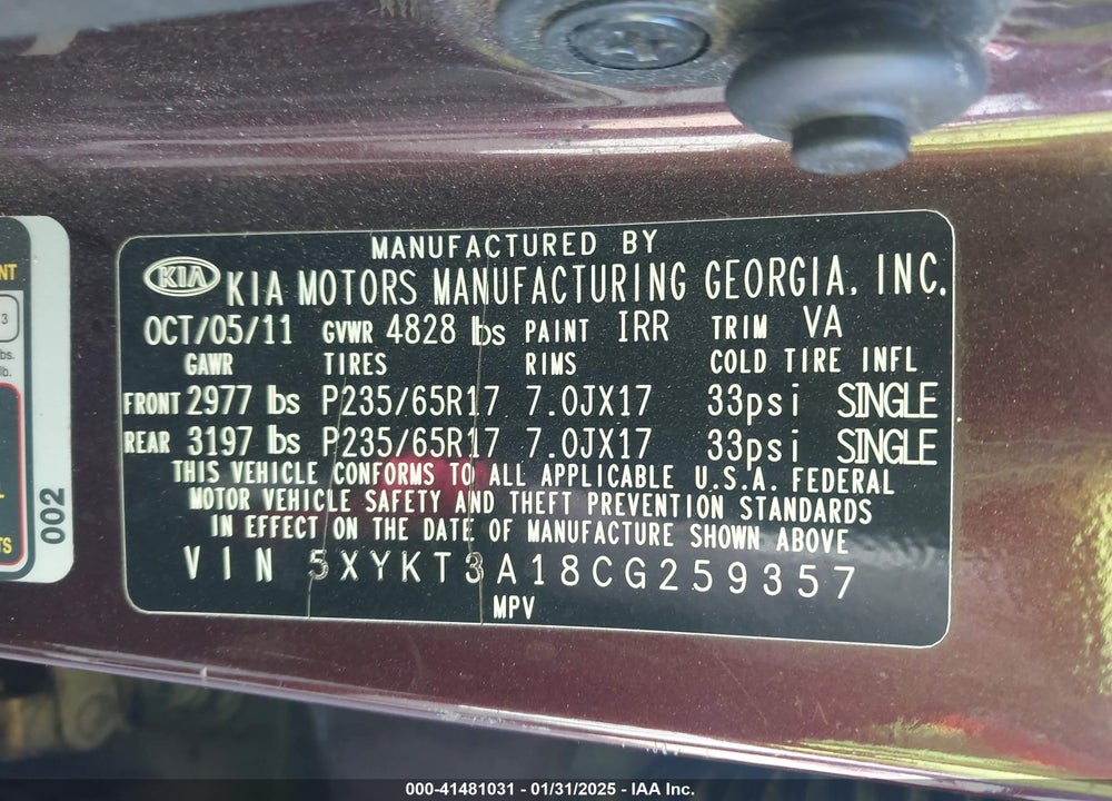 2012 KIA SORENTO VIN: 5XYKT3A18CG259357