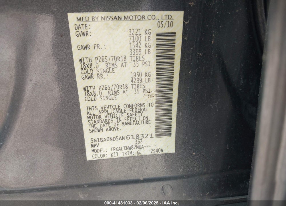 2010 NISSAN ARMADA SE VIN: 5N1BA0ND5AN618321