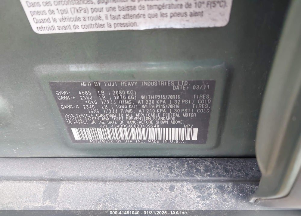 2011 SUBARU OUTBACK 2.5I VIN: 4S4BRCAC6B3409240