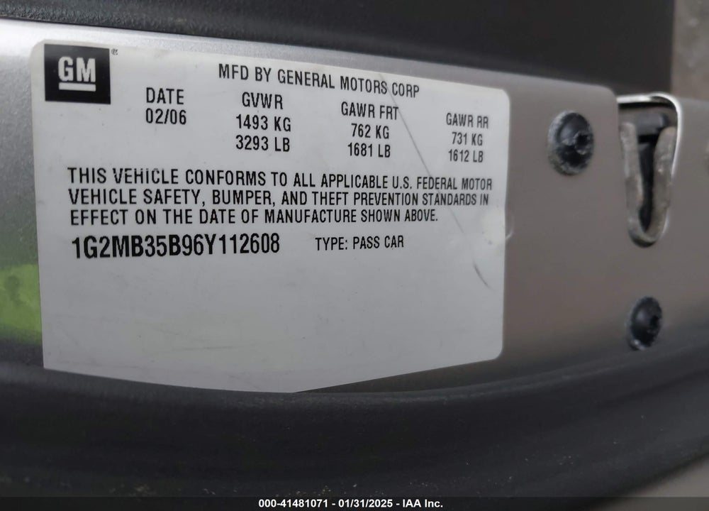 2006 PONTIAC SOLSTICE VIN: 1G2MB35B96Y112608