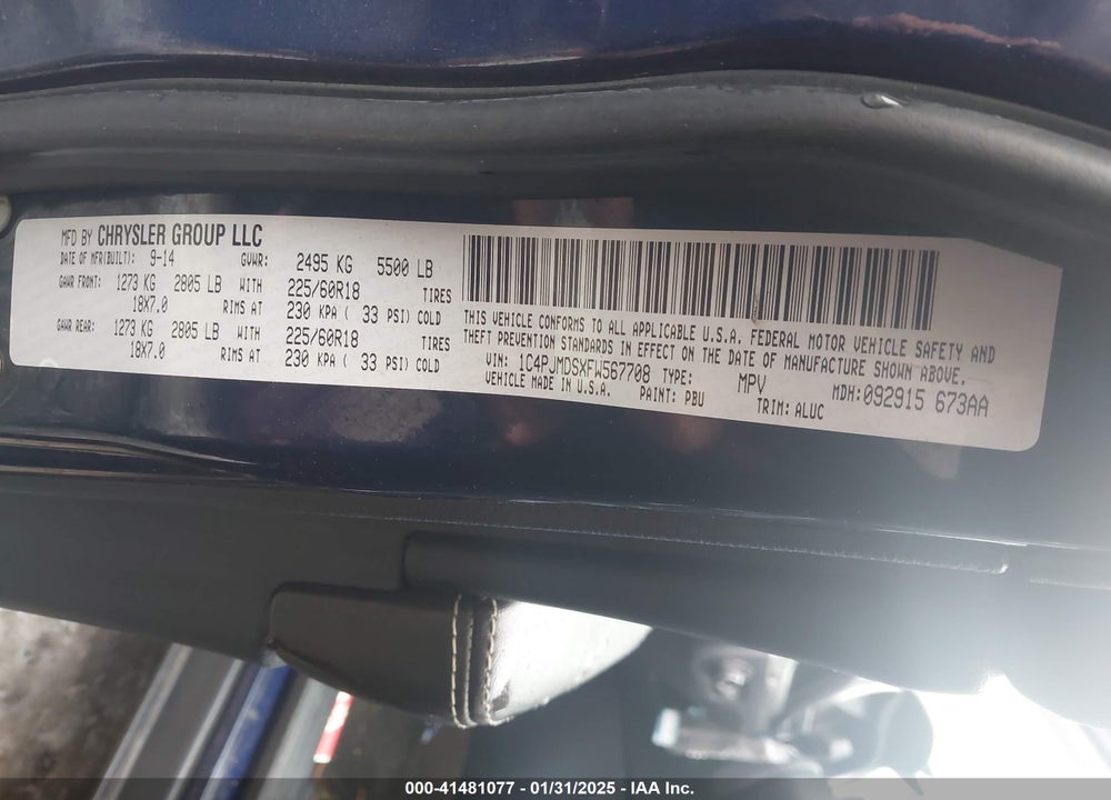 2015 JEEP CHEROKEE LIMITED VIN: 1C4PJMDSXFW567708