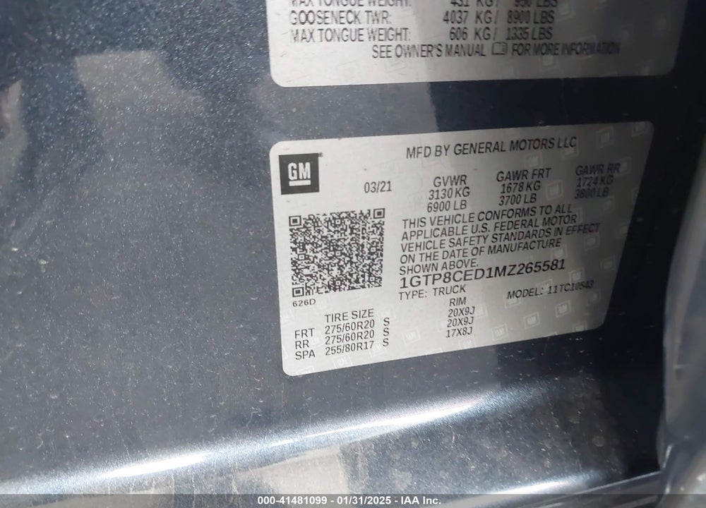 2021 GMC SIERRA 1500 VIN: 1GTP8CED1MZ265581
