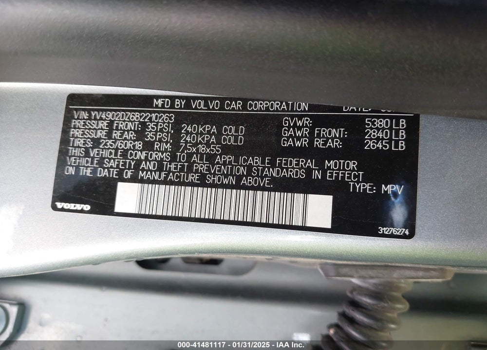 2011 VOLVO XC60 T6/T6 R-DESIGN VIN: YV4902DZ6B2210263