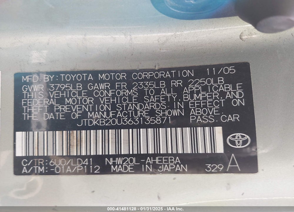 2006 TOYOTA PRIUS VIN: JTDKB20U363135871