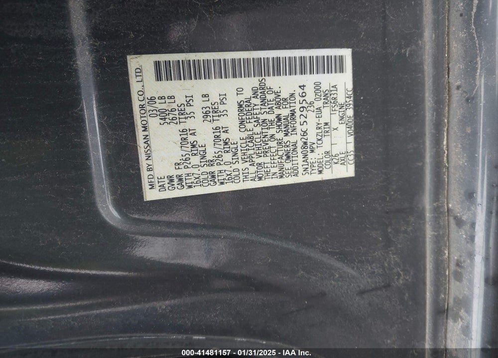 2006 NISSAN XTERRA S VIN: 5N1AN08W26C529564