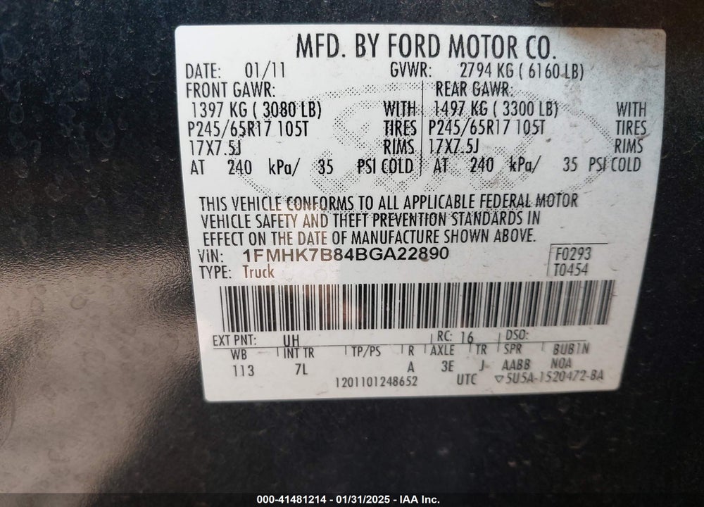 2011 FORD EXPLORER VIN: 1FMHK7B84BGA22890
