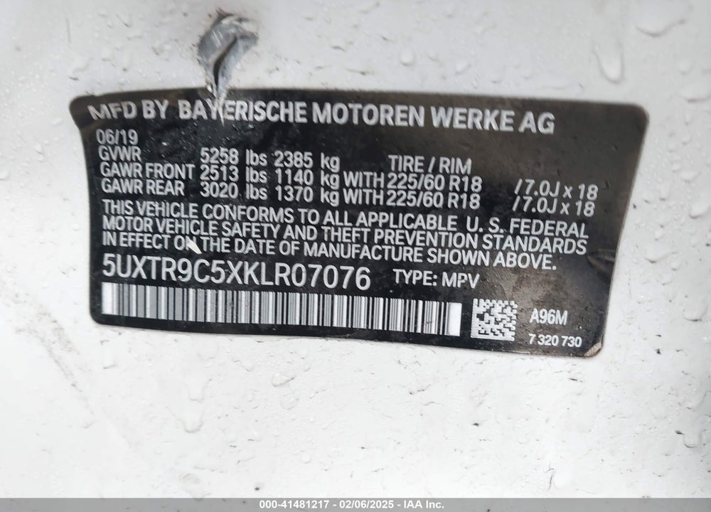 2019 BMW X3 XDRIVE30I VIN: 5UXTR9C5XKLR07076