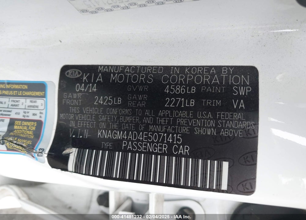 2014 KIA OPTIMA VIN: KNAGM4AD4E5071415