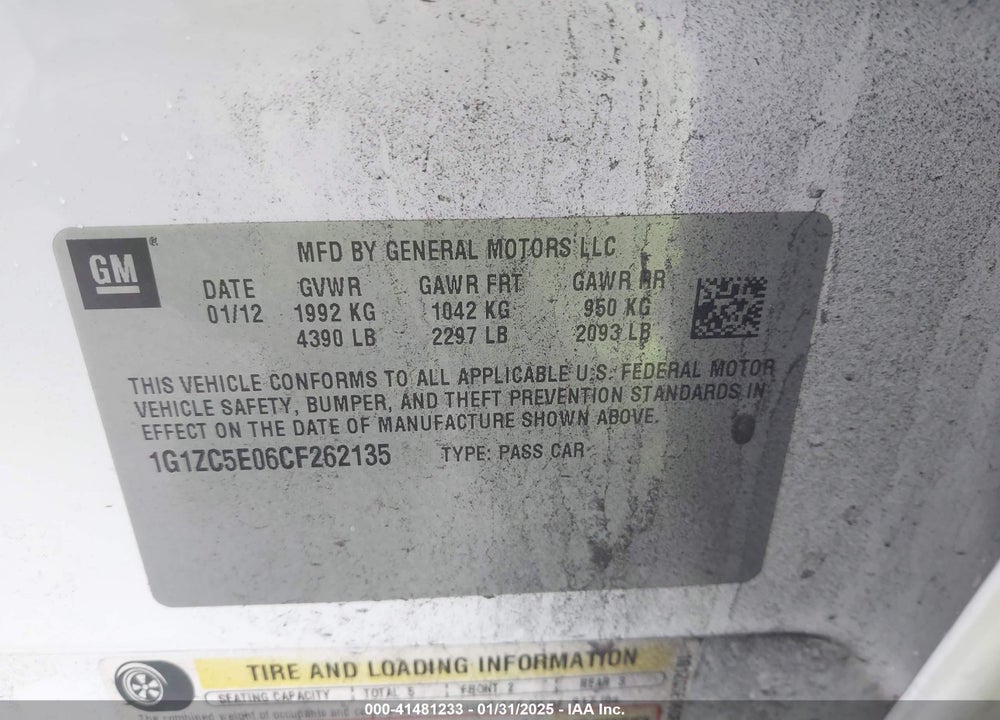 2012 CHEVROLET MALIBU VIN: 1G1ZC5E06CF262135