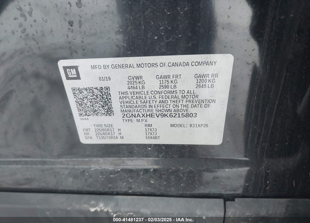 2019 CHEVROLET EQUINOX VIN: 2GNAXHEV9K6215803