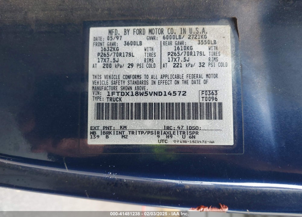 1997 FORD F-150 LARIAT/XL/XLT VIN: 1FTDX18W5VND14572
