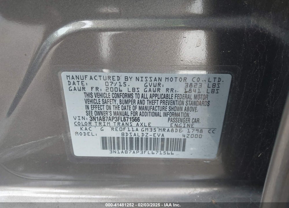 2015 NISSAN SENTRA SV VIN: 3N1AB7AP3FL671566