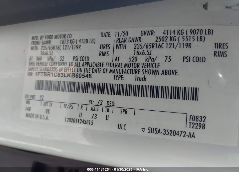2020 FORD TRANSIT-250 CARGO VAN VIN: 1FTBR1C83LKB60548