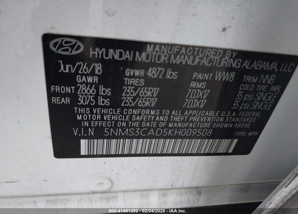2019 HYUNDAI SANTA FE SEL VIN: 5NMS3CAD5KH009508