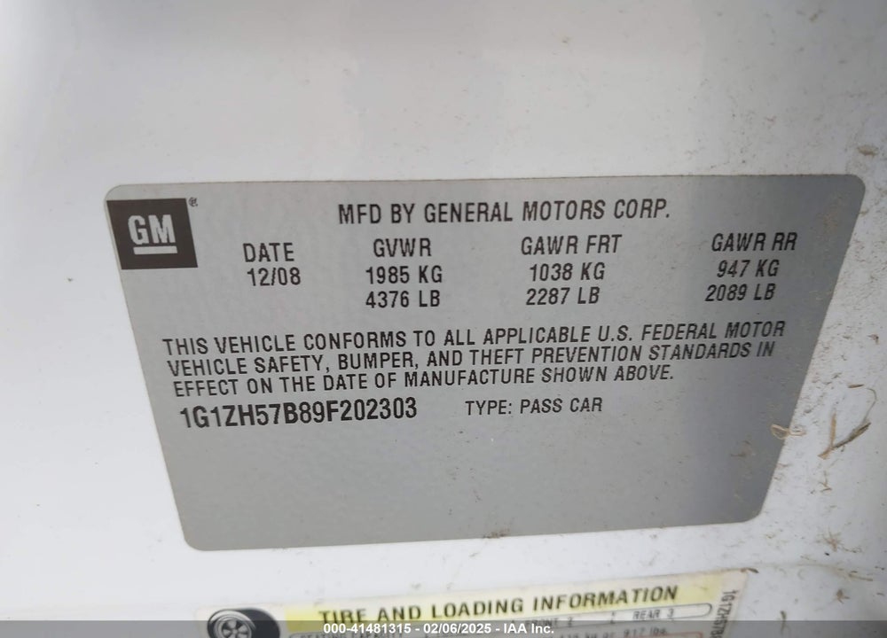 2009 CHEVROLET MALIBU VIN: 1G1ZH57B89F202303