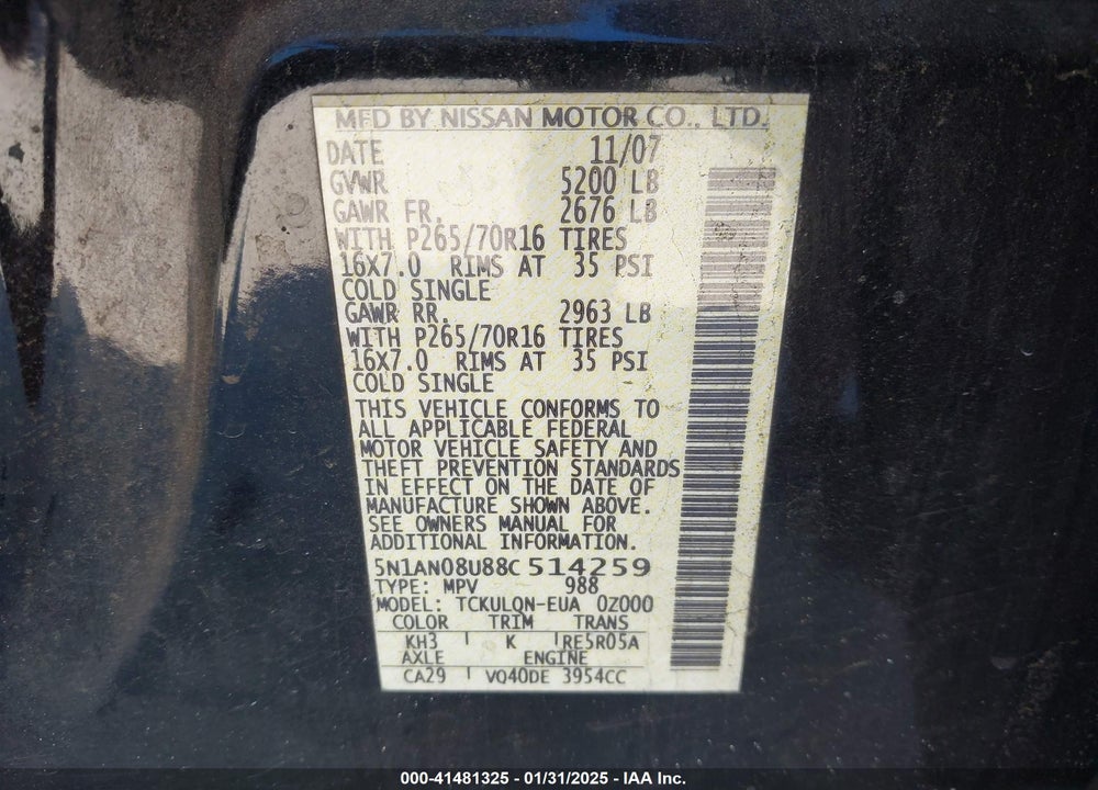 2008 NISSAN XTERRA X VIN: 5N1AN08U88C514259
