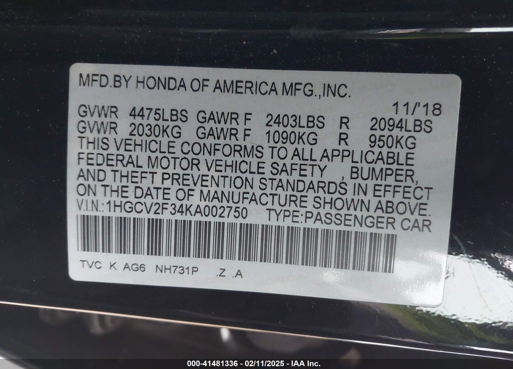2019 HONDA ACCORD SPORT 2.0T VIN: 1HGCV2F34KA002750