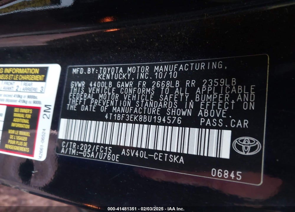 2011 TOYOTA CAMRY VIN: 4T1BF3EK8BU194576