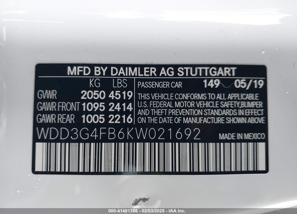 2019 MERCEDES-BENZ A 220 VIN: WDD3G4FB6KW021692