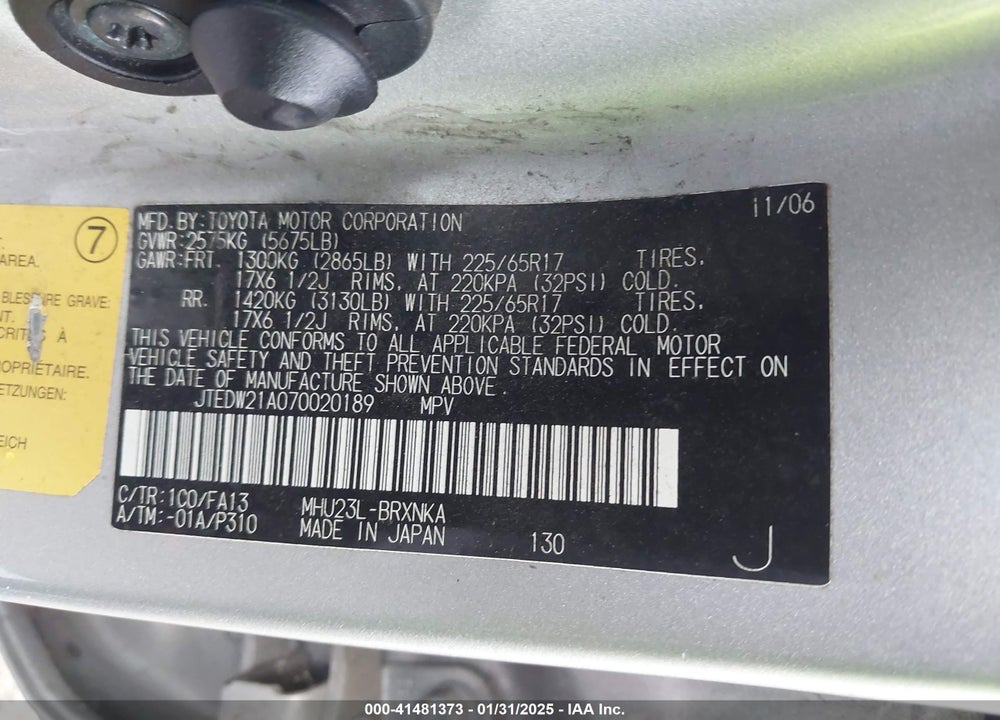 2007 TOYOTA HIGHLANDER HYBRID VIN: JTEDW21A070020189
