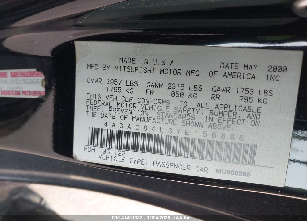 2000 MITSUBISHI ECLIPSE GT VIN: 4A3AC84L3YE156866