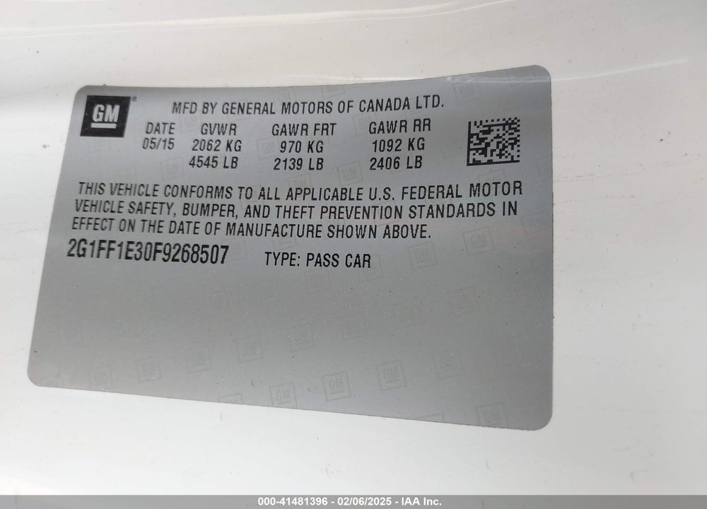 2015 CHEVROLET CAMARO VIN: 2G1FF1E30F9268507