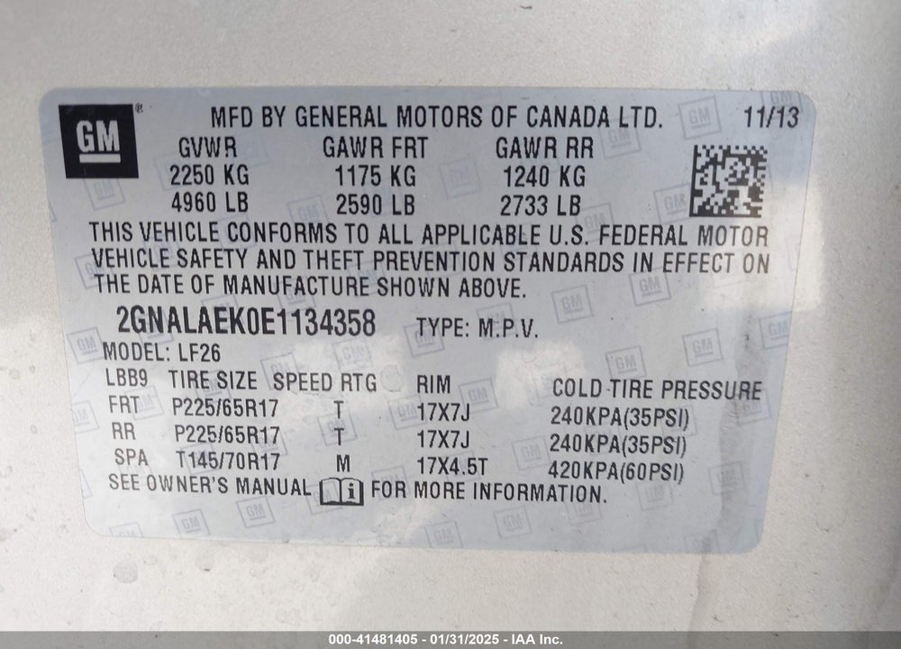 2014 CHEVROLET EQUINOX LS VIN: 2GNALAEK0E1134358