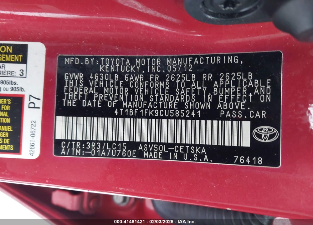 2012 TOYOTA CAMRY SE VIN: 4T1BF1FK9CU585241
