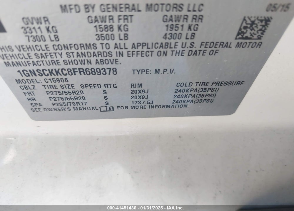 2015 CHEVROLET SUBURBAN 1500 VIN: 1GNSCKKC8FR689378