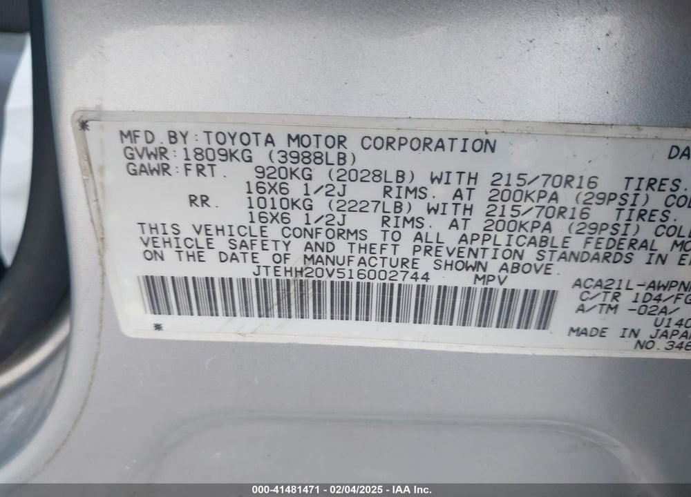 2001 TOYOTA RAV4 VIN: JTEHH20V516002744