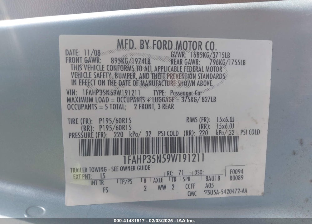 2009 FORD FOCUS SE VIN: 1FAHP35N59W191211
