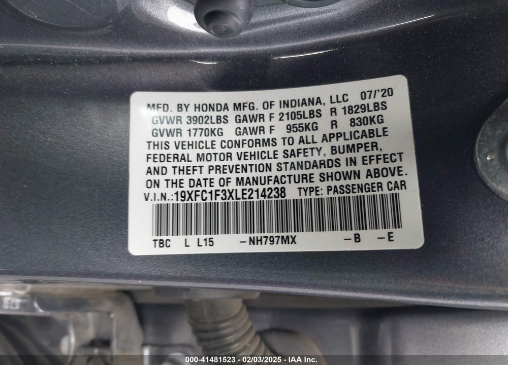 2020 HONDA CIVIC VIN: 19XFC1F3XLE214238