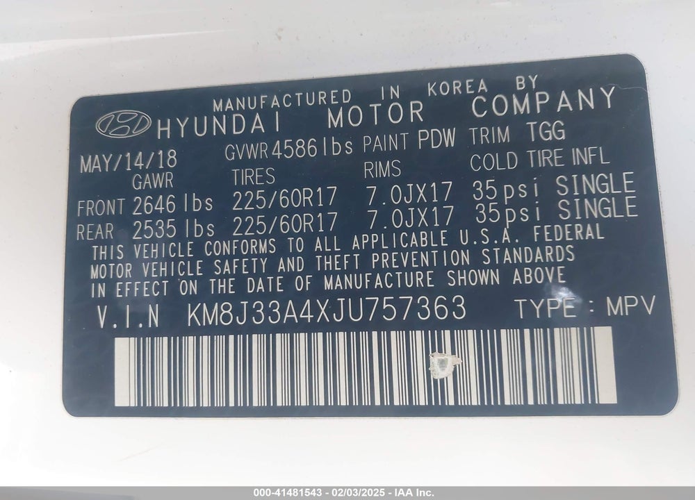2018 HYUNDAI TUCSON SEL VIN: KM8J33A4XJU757363