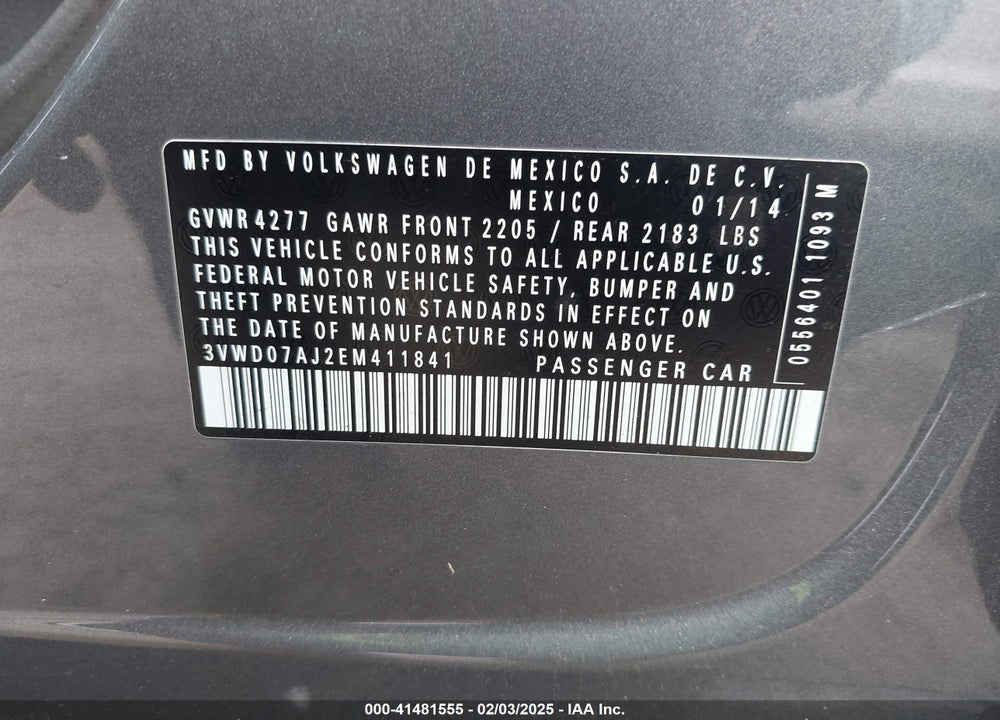 2014 VOLKSWAGEN JETTA VIN: 3VWD07AJ2EM411841