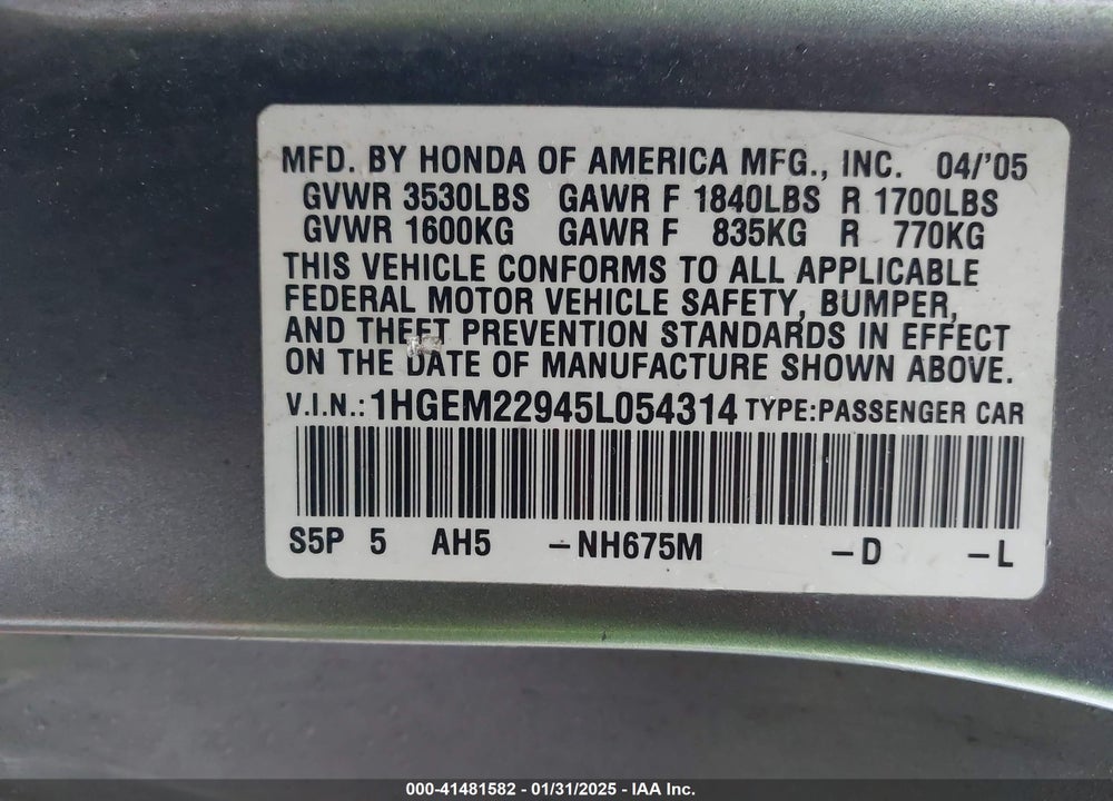 2005 HONDA CIVIC EX VIN: 1HGEM22945L054314