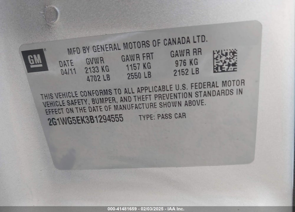 2011 CHEVROLET IMPALA LT VIN: 2G1WG5EK3B1294555
