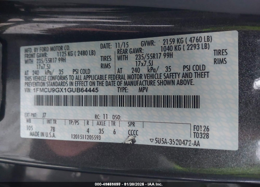2016 FORD ESCAPE VIN: 1FMCU9GX1GUB64445