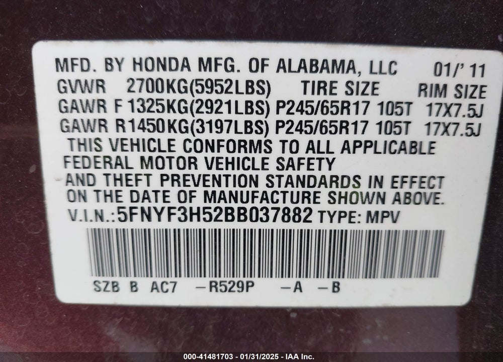 2011 HONDA PILOT VIN: 5FNYF3H52BB037882