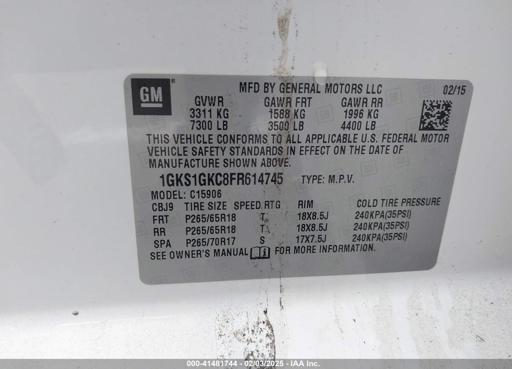 2015 GMC YUKON XL 1500 SLE VIN: 1GKS1GKC8FR614745