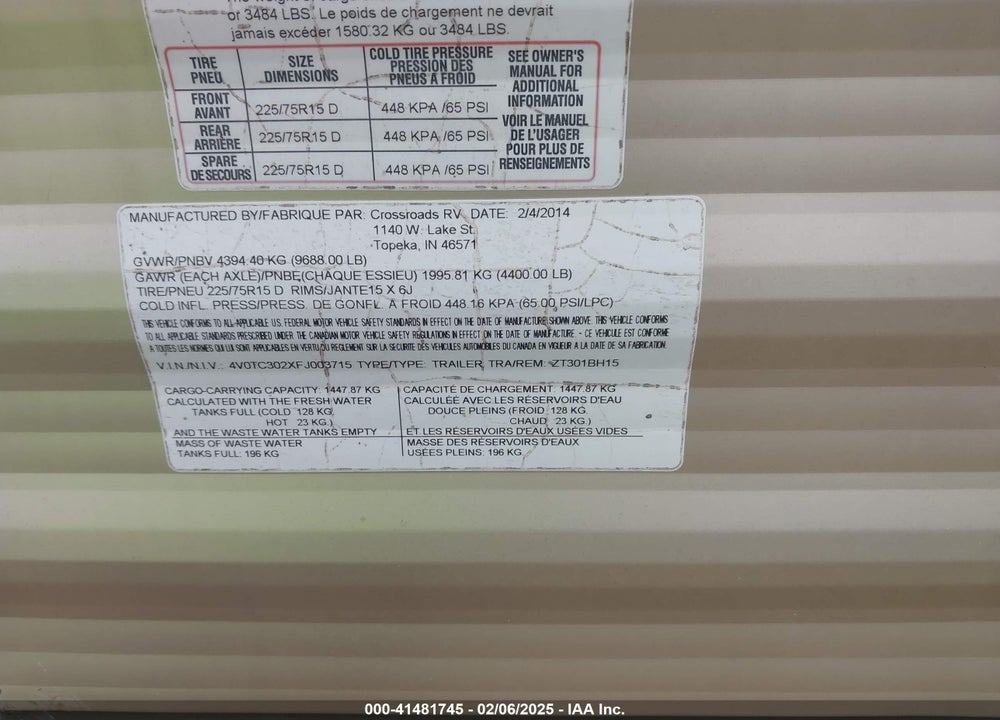 2015 CROSSROADS 301BHZ1 TRAVEL TRAILER VIN: 4V0TC302XFJ003715