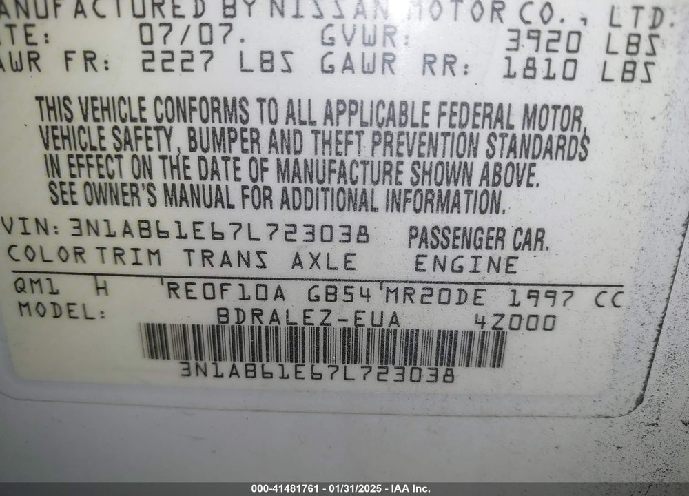 2007 NISSAN SENTRA VIN: 3N1AB61E67L723038