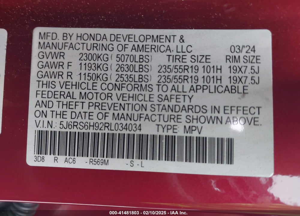 2024 HONDA CR-V VIN: 5J6RS6H92RL034034
