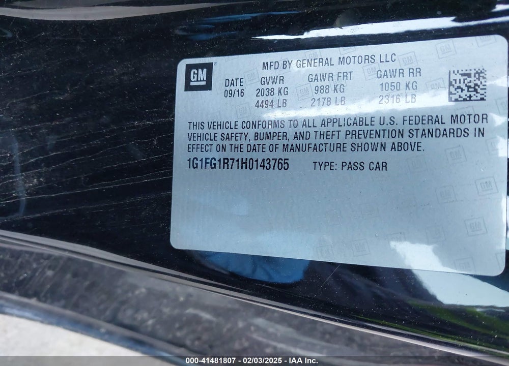 2017 CHEVROLET CAMARO VIN: 1G1FG1R71H0143765
