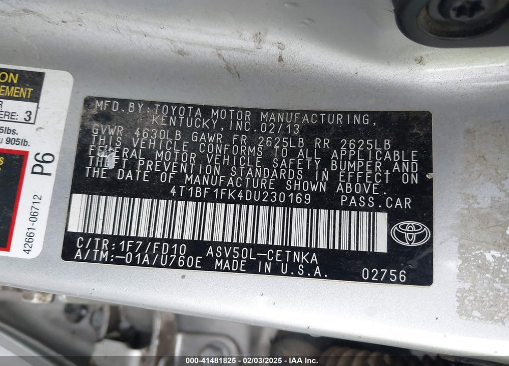 2013 TOYOTA CAMRY LE VIN: 4T1BF1FK4DU230169