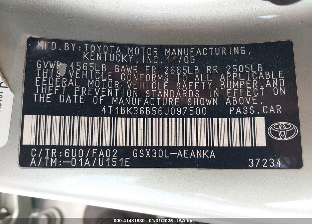 2006 TOYOTA AVALON XL VIN: 4T1BK36B56U097500