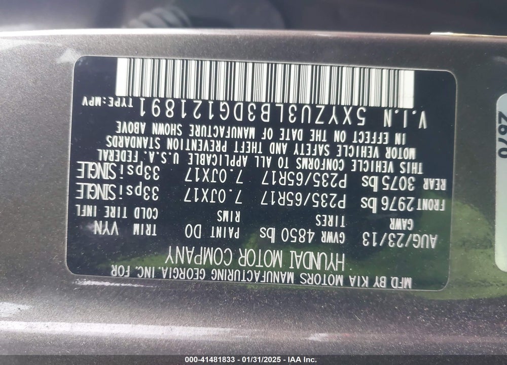 2013 HYUNDAI SANTA FE SPORT VIN: 5XYZU3LB3DG121891