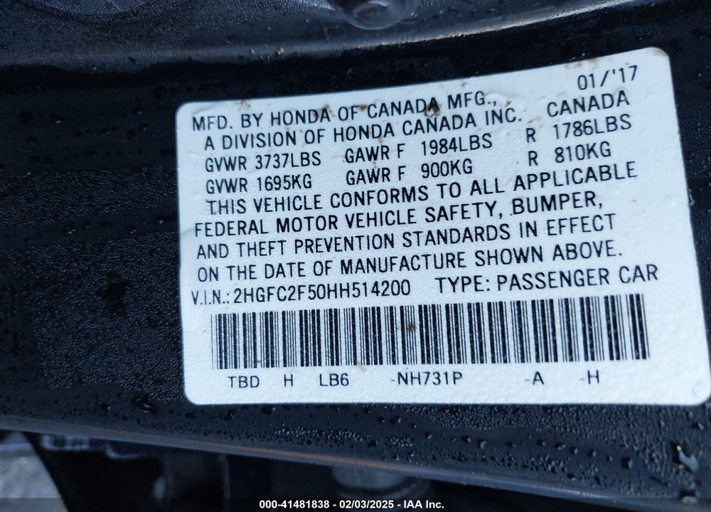 2017 HONDA CIVIC VIN: 2HGFC2F50HH514200