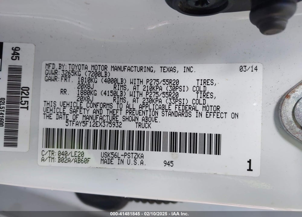 2014 TOYOTA TUNDRA VIN: 5TFAY5F12EX375932